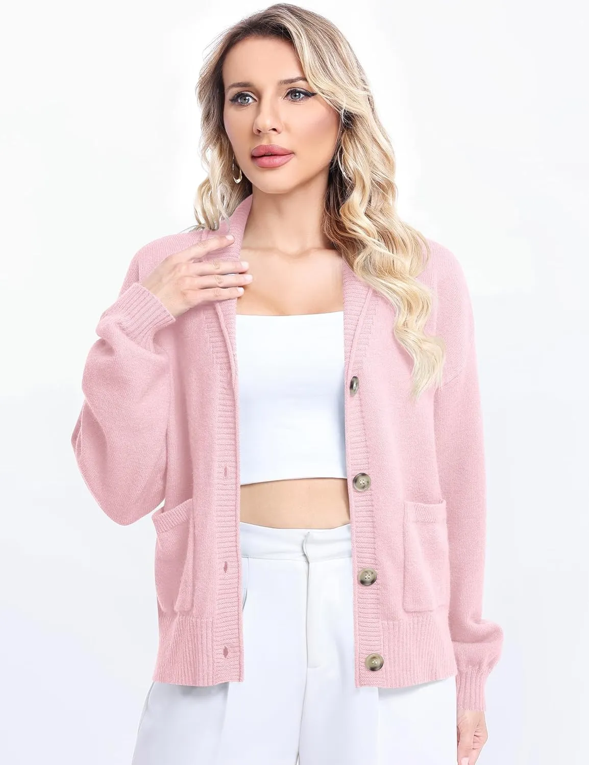 LUYAA Women's Cardigan Sweaters 2024 Oversized Open Front Button V Neck Lightweight Cardigans Outerwear