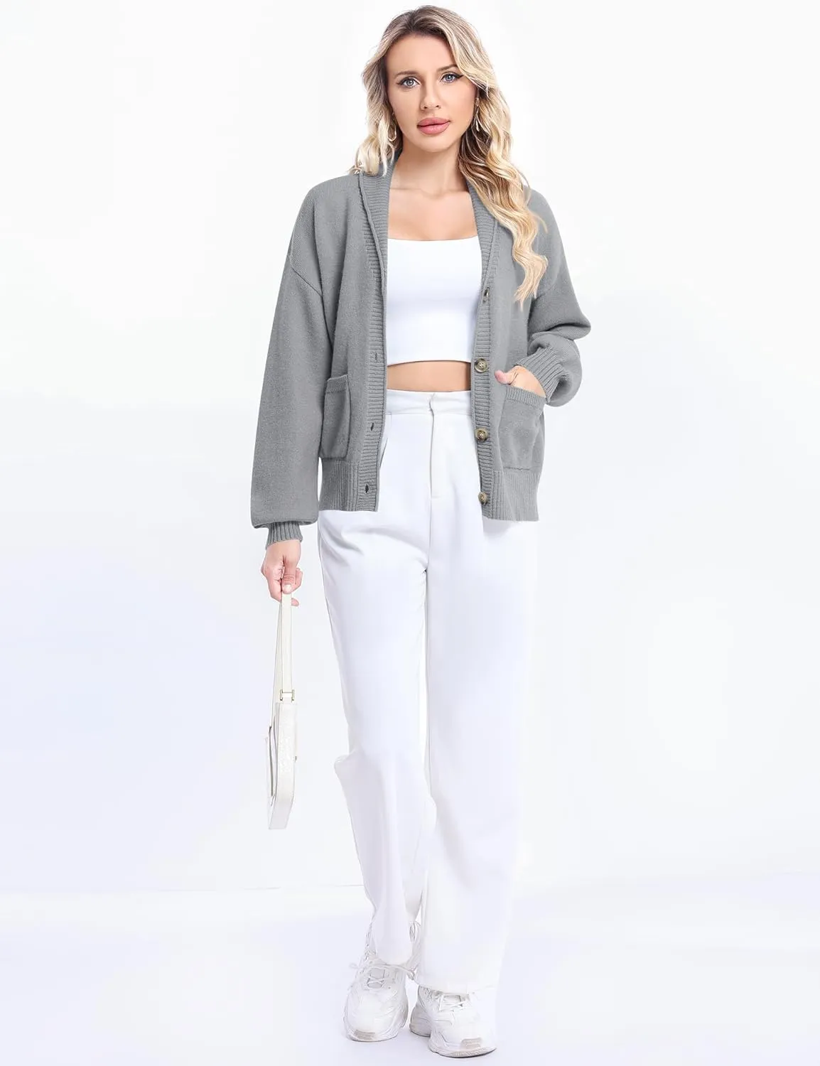 LUYAA Women's Cardigan Sweaters 2024 Oversized Open Front Button V Neck Lightweight Cardigans Outerwear