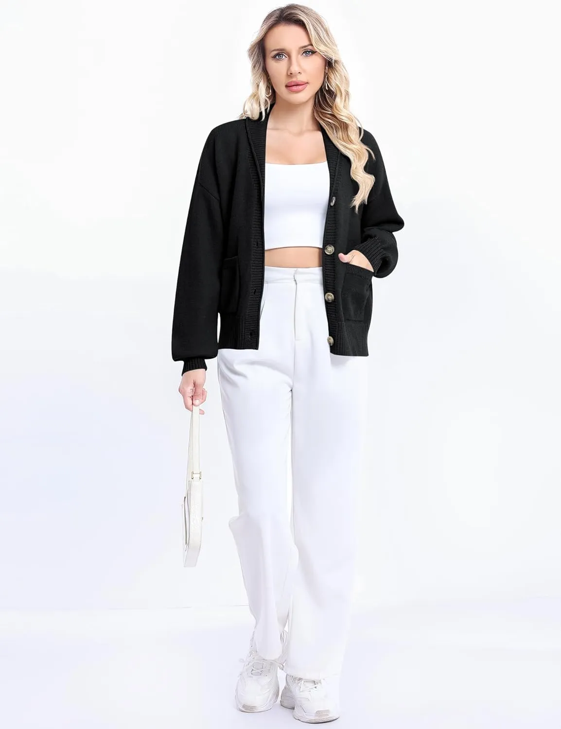 LUYAA Women's Cardigan Sweaters 2024 Oversized Open Front Button V Neck Lightweight Cardigans Outerwear