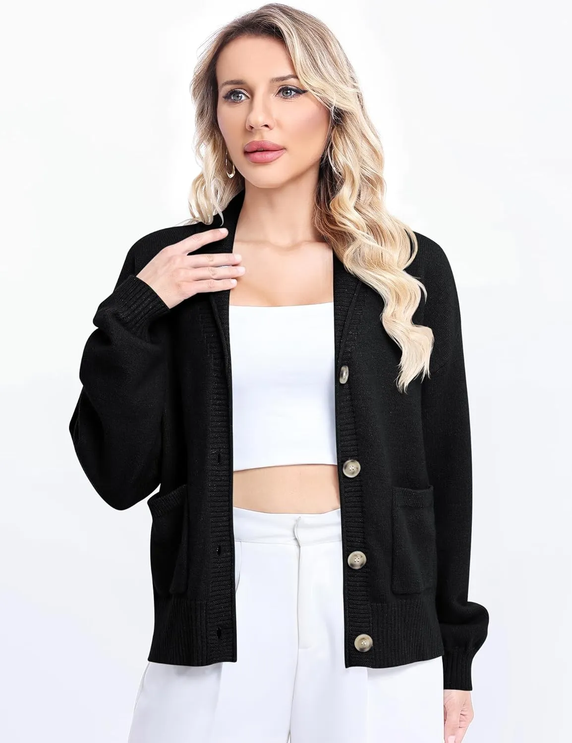 LUYAA Women's Cardigan Sweaters 2024 Oversized Open Front Button V Neck Lightweight Cardigans Outerwear