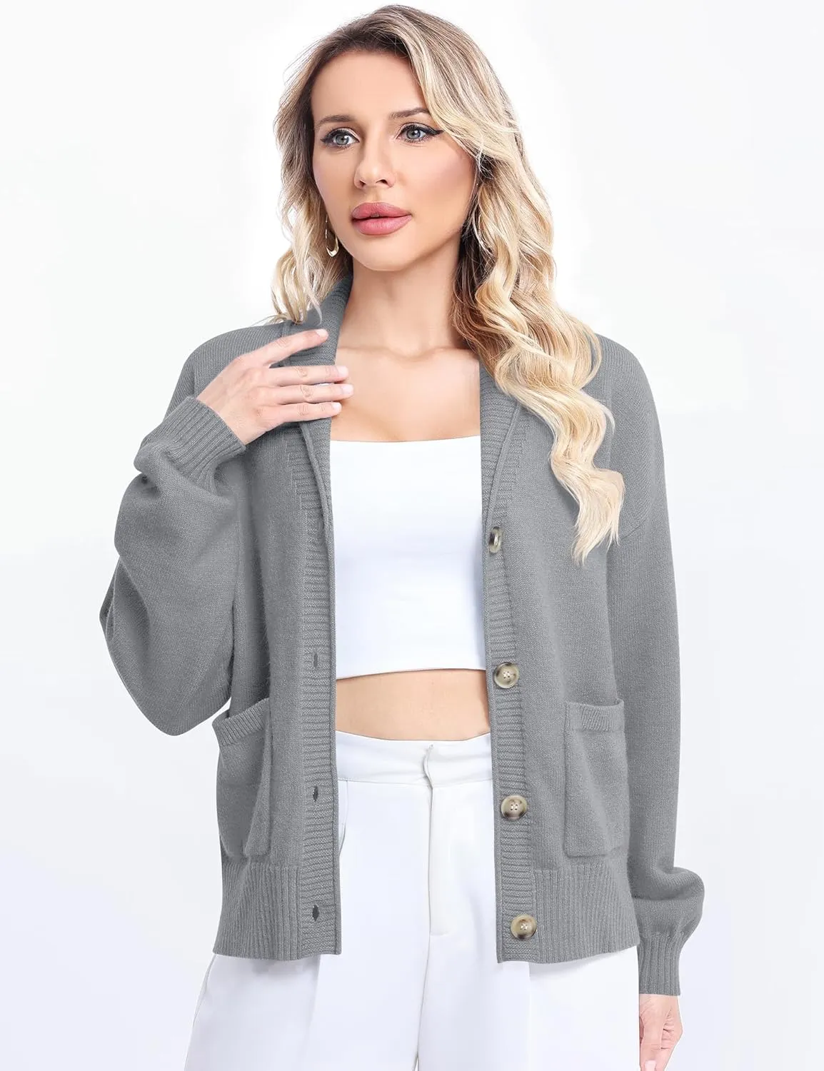 LUYAA Women's Cardigan Sweaters 2024 Oversized Open Front Button V Neck Lightweight Cardigans Outerwear