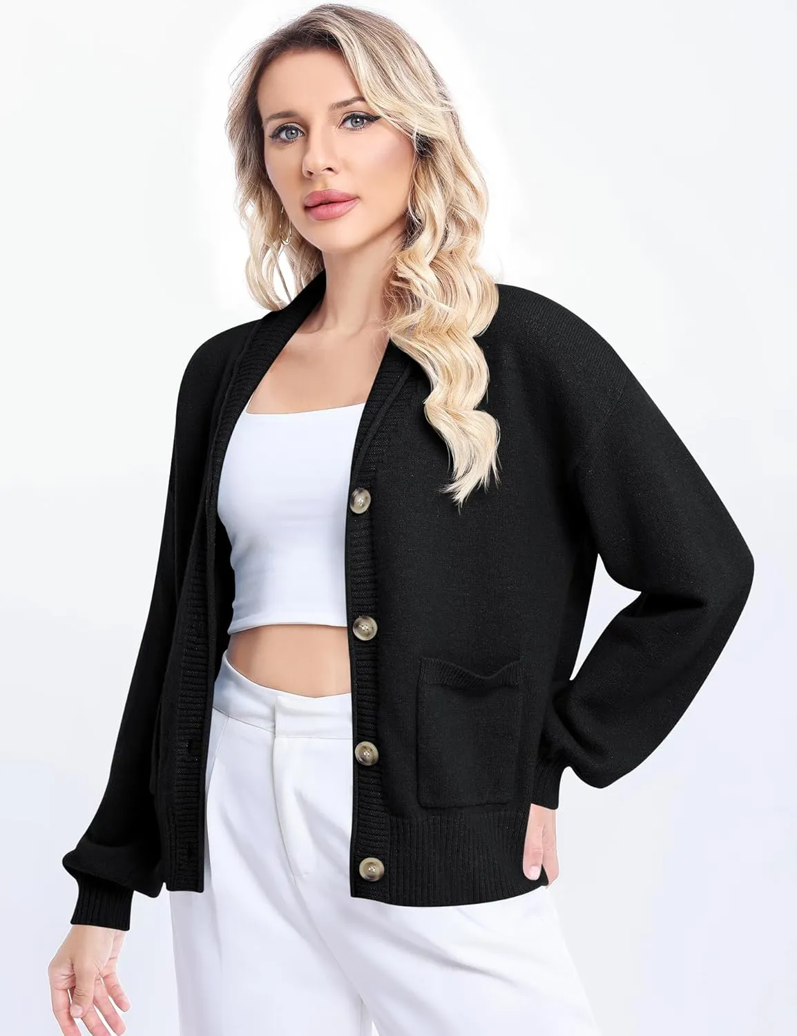LUYAA Women's Cardigan Sweaters 2024 Oversized Open Front Button V Neck Lightweight Cardigans Outerwear
