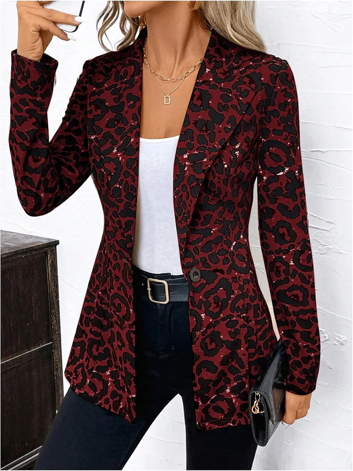 MakeMeChic Women's Houndstooth Blazer Jacket Button Down Long Sleeve Work Casual Blazer