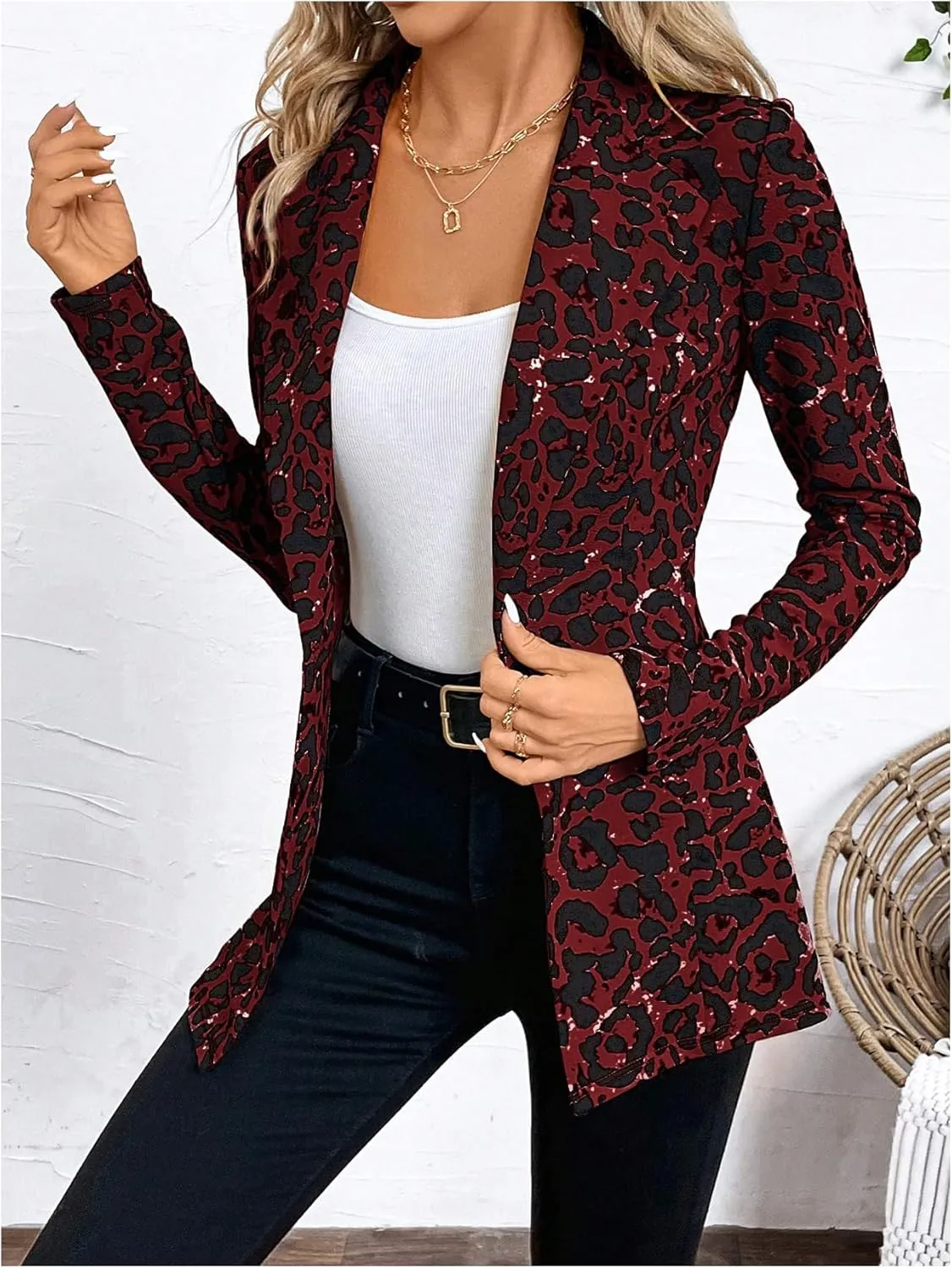 MakeMeChic Women's Houndstooth Blazer Jacket Button Down Long Sleeve Work Casual Blazer