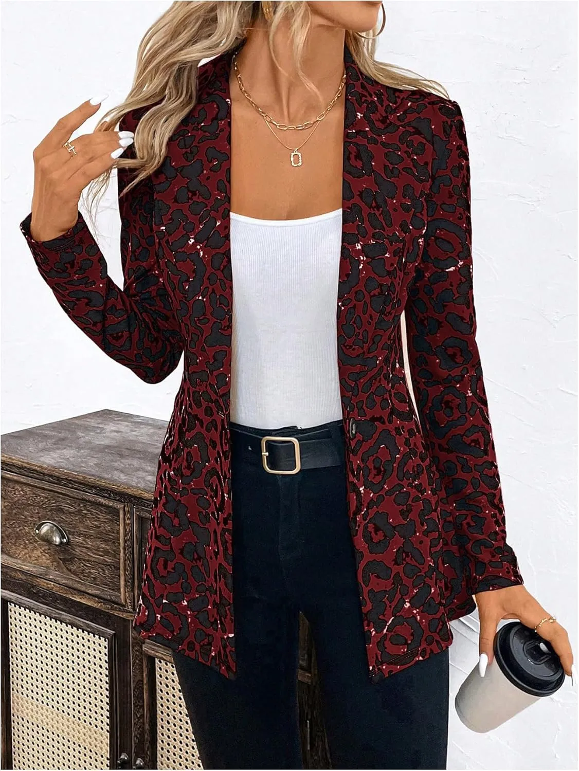 MakeMeChic Women's Houndstooth Blazer Jacket Button Down Long Sleeve Work Casual Blazer