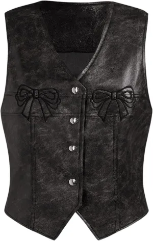 MakeMeChic Women's PU Leather Bow Vest Blazers Button Down Asymmetrical Crop Y2K Waistcoats Jackets