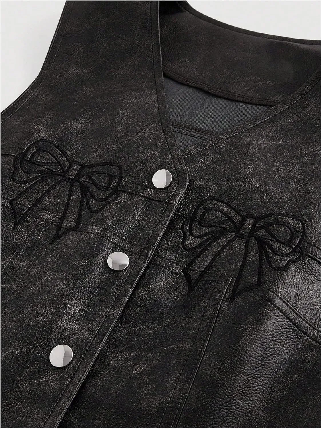 MakeMeChic Women's PU Leather Bow Vest Blazers Button Down Asymmetrical Crop Y2K Waistcoats Jackets