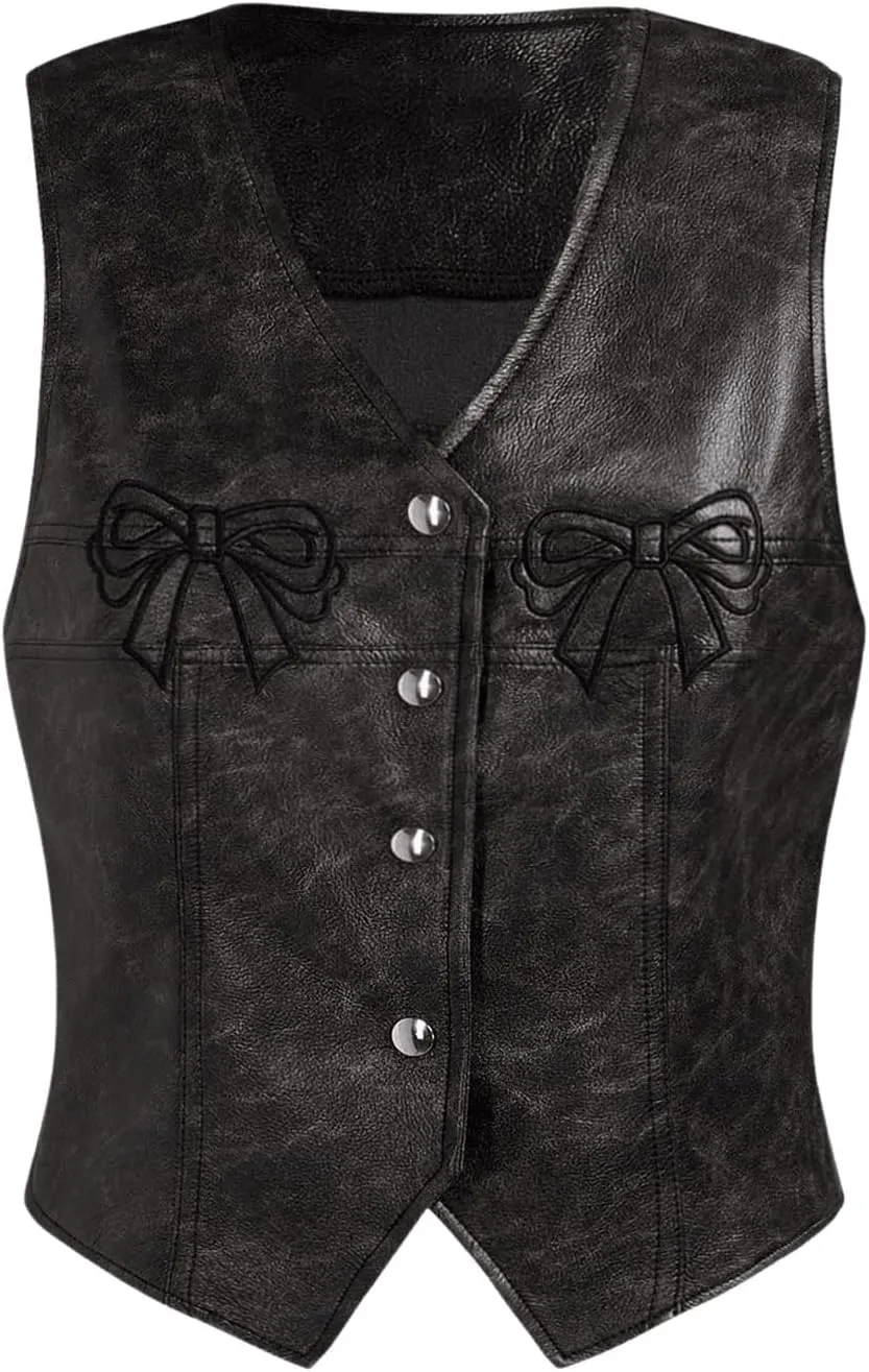 MakeMeChic Women's PU Leather Bow Vest Blazers Button Down Asymmetrical Crop Y2K Waistcoats Jackets