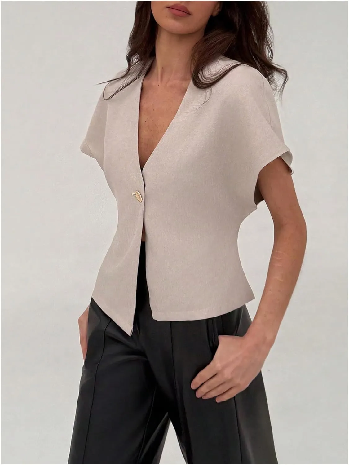 MakeMeChic Women's V Neck Blazer Top Single Button Short Sleeve Plain Office Suit Blazers