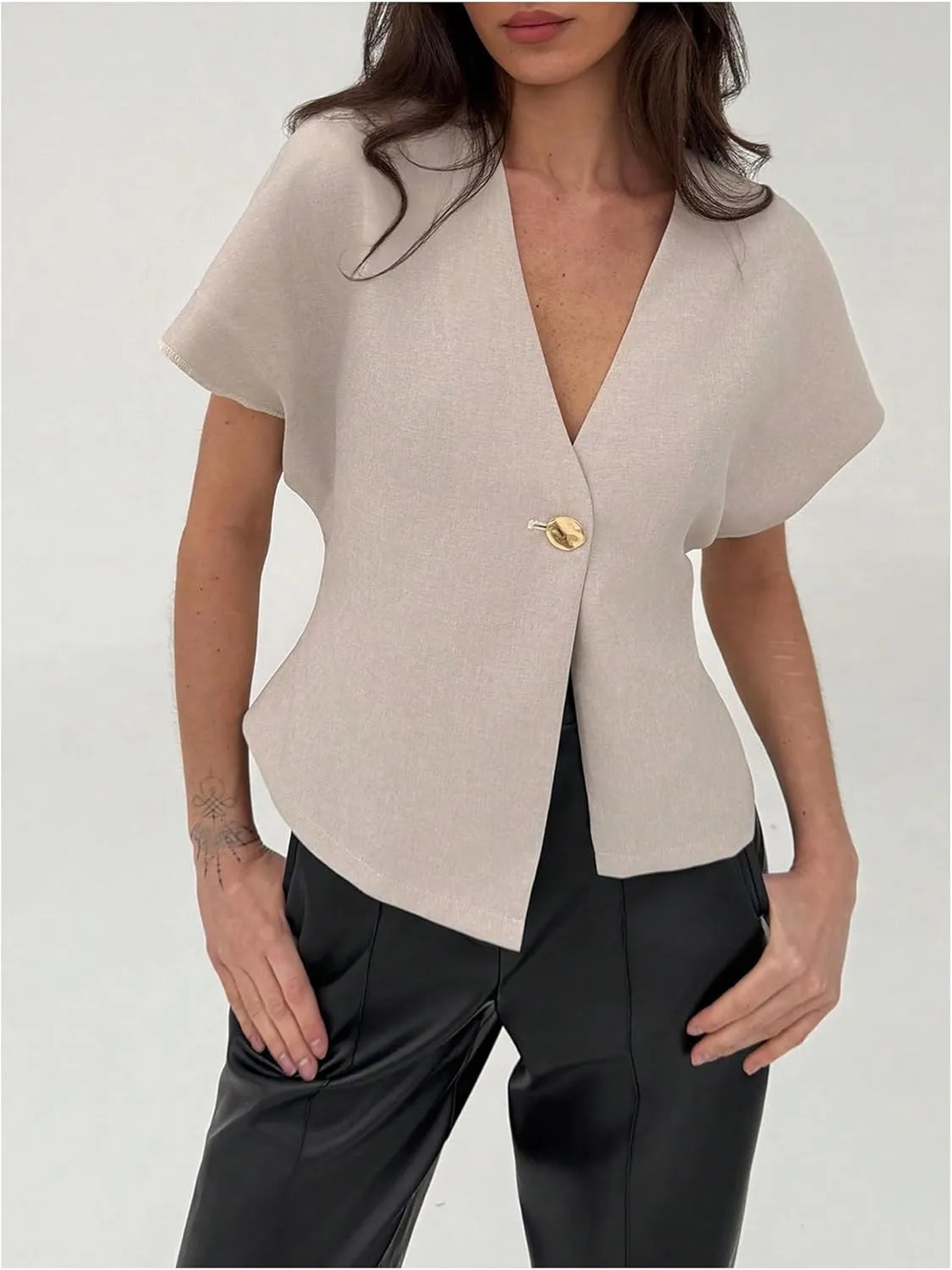 MakeMeChic Women's V Neck Blazer Top Single Button Short Sleeve Plain Office Suit Blazers