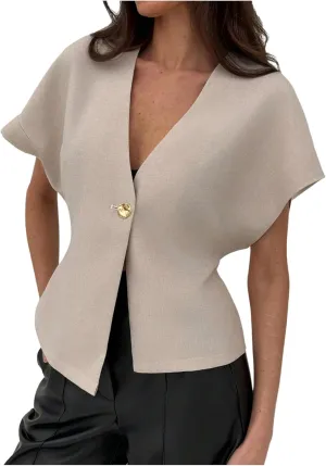 MakeMeChic Women's V Neck Blazer Top Single Button Short Sleeve Plain Office Suit Blazers
