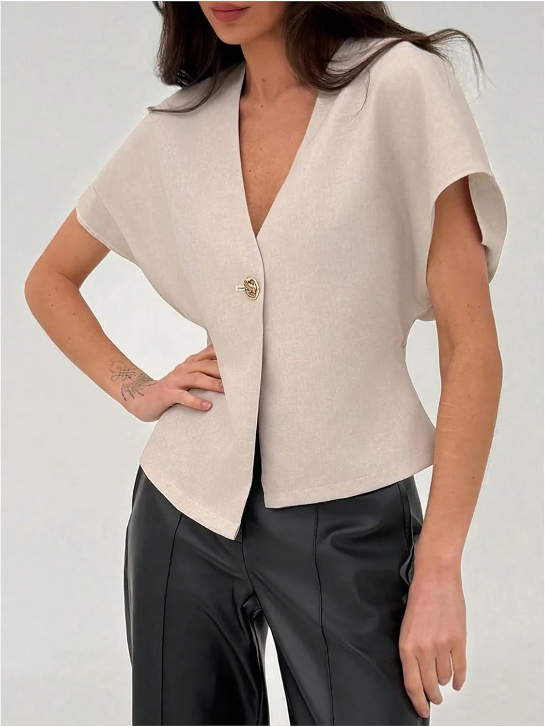 MakeMeChic Women's V Neck Blazer Top Single Button Short Sleeve Plain Office Suit Blazers
