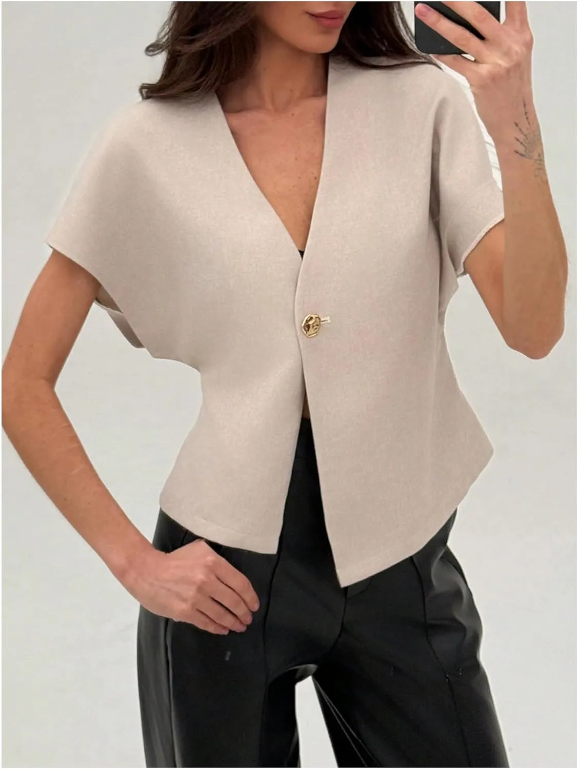 MakeMeChic Women's V Neck Blazer Top Single Button Short Sleeve Plain Office Suit Blazers
