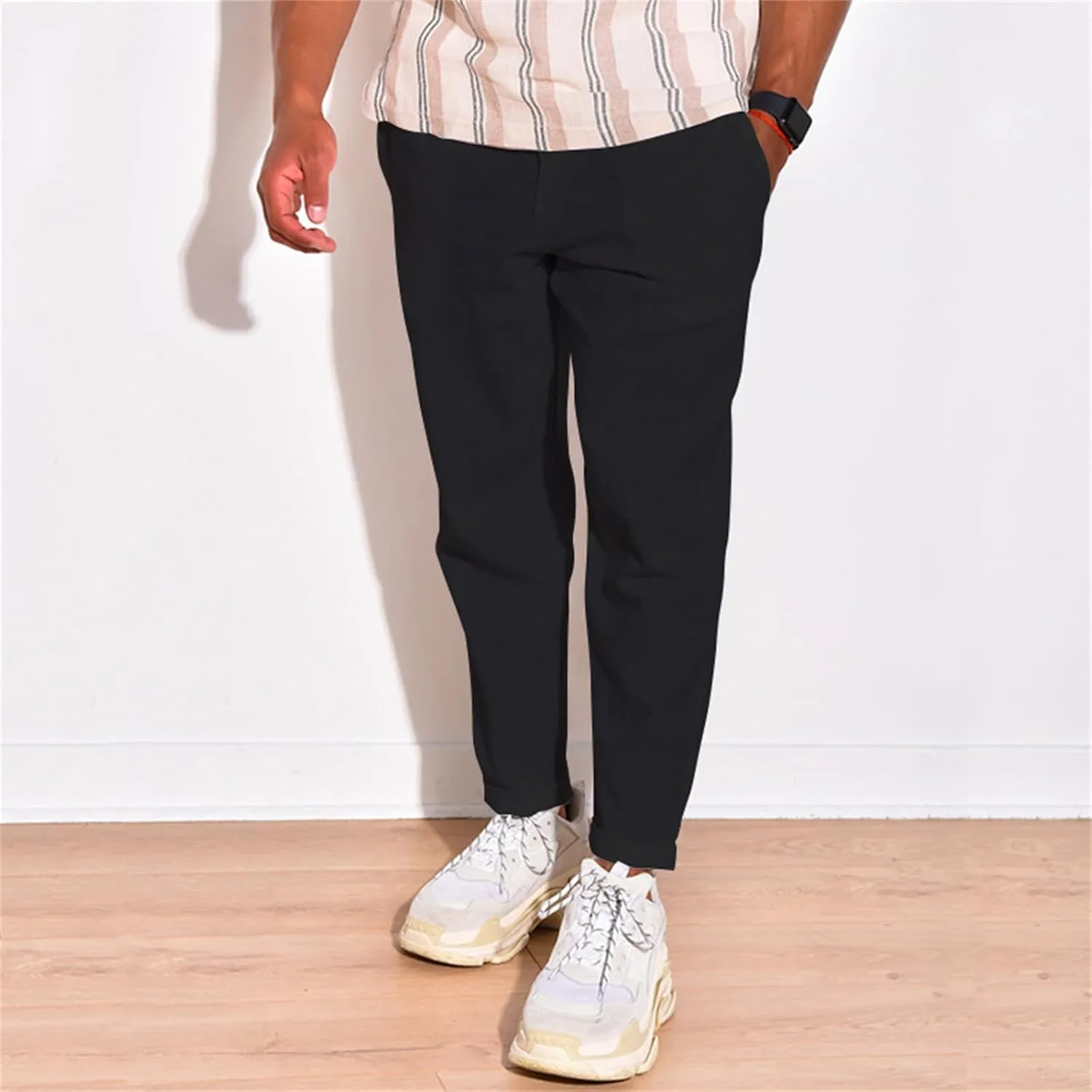 Mens Cotton Linen Casual Pants Drawstring Straight Elastic Waist Trousers Lightweight Slim Plaid Stretch Dress Pants