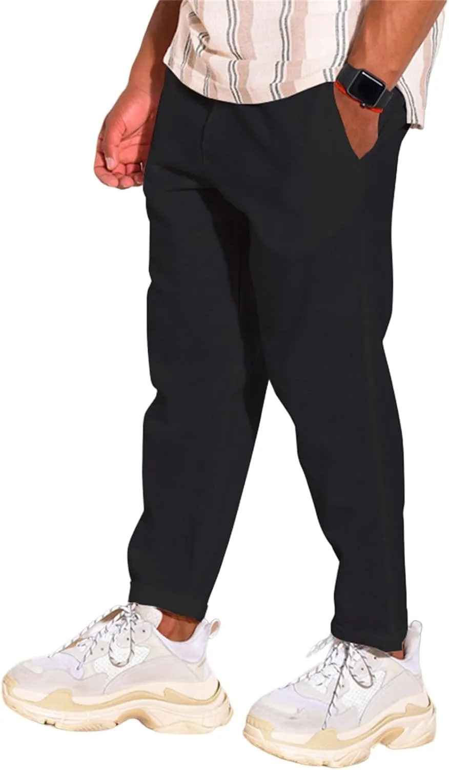 Mens Cotton Linen Casual Pants Drawstring Straight Elastic Waist Trousers Lightweight Slim Plaid Stretch Dress Pants