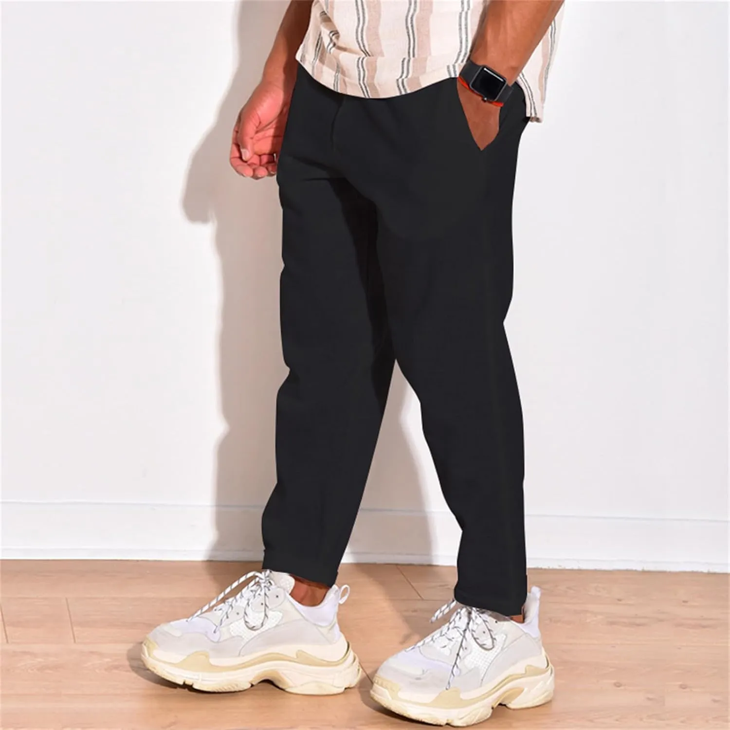 Mens Cotton Linen Casual Pants Drawstring Straight Elastic Waist Trousers Lightweight Slim Plaid Stretch Dress Pants