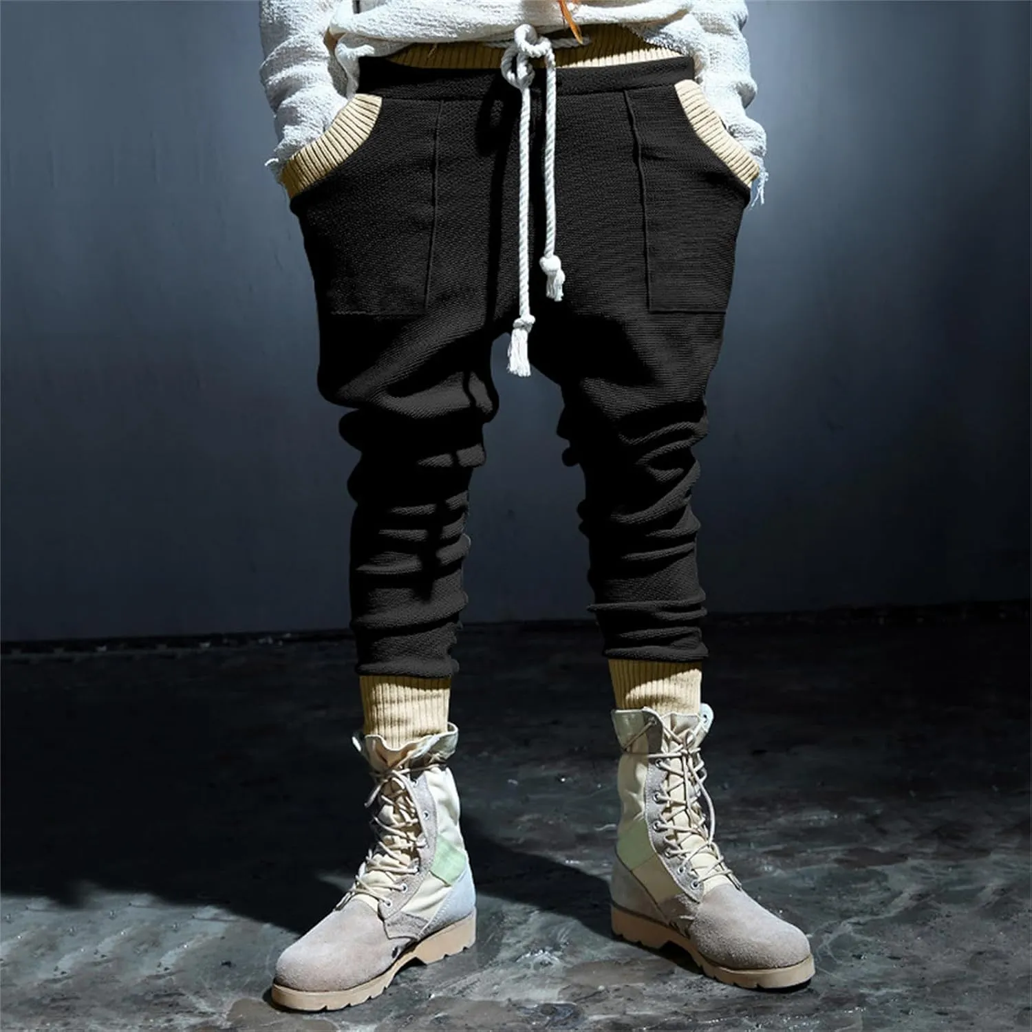 Mens Novelty Tapered Pants Patchwork Knitted Drawstring Joggers Active Gym Trousers Slim Fit Casual Fashion Sweatpants