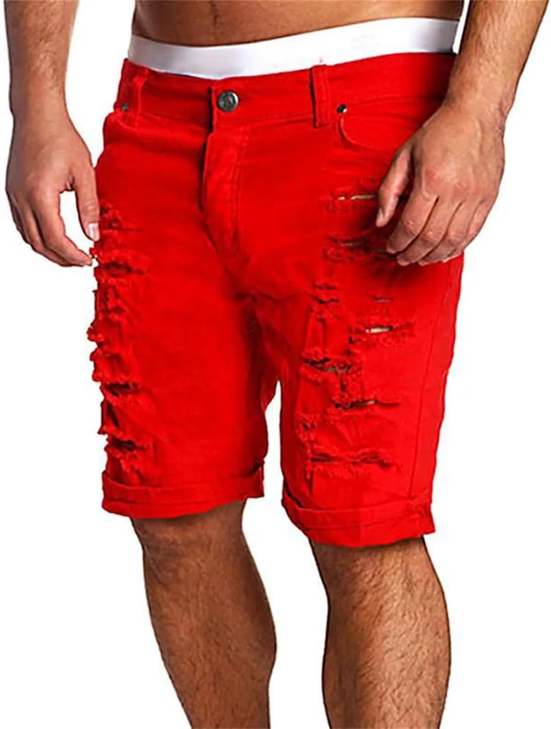 Mens Ripped Shorts Distressed Low Rise Straight Leg Skinny Solid Jeans Knee Length Cutout Combat Street Hipster Trend Bermuda