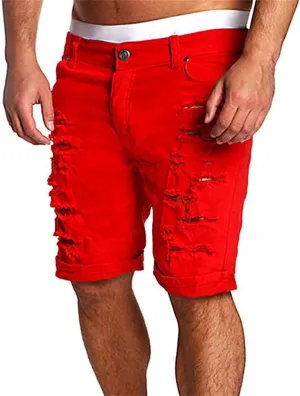 Mens Ripped Shorts Distressed Low Rise Straight Leg Skinny Solid Jeans Knee Length Cutout Combat Street Hipster Trend Bermuda