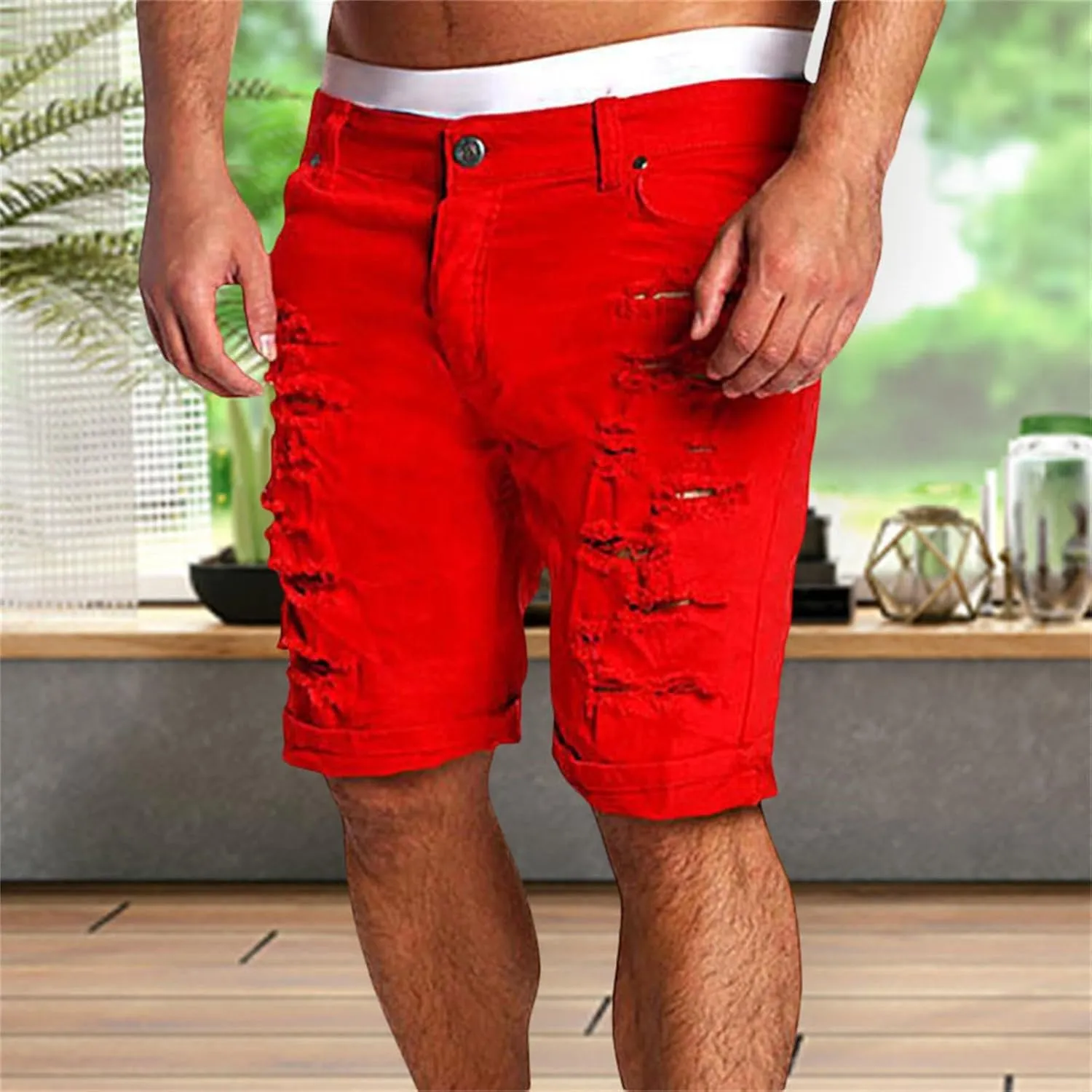 Mens Ripped Shorts Distressed Low Rise Straight Leg Skinny Solid Jeans Knee Length Cutout Combat Street Hipster Trend Bermuda