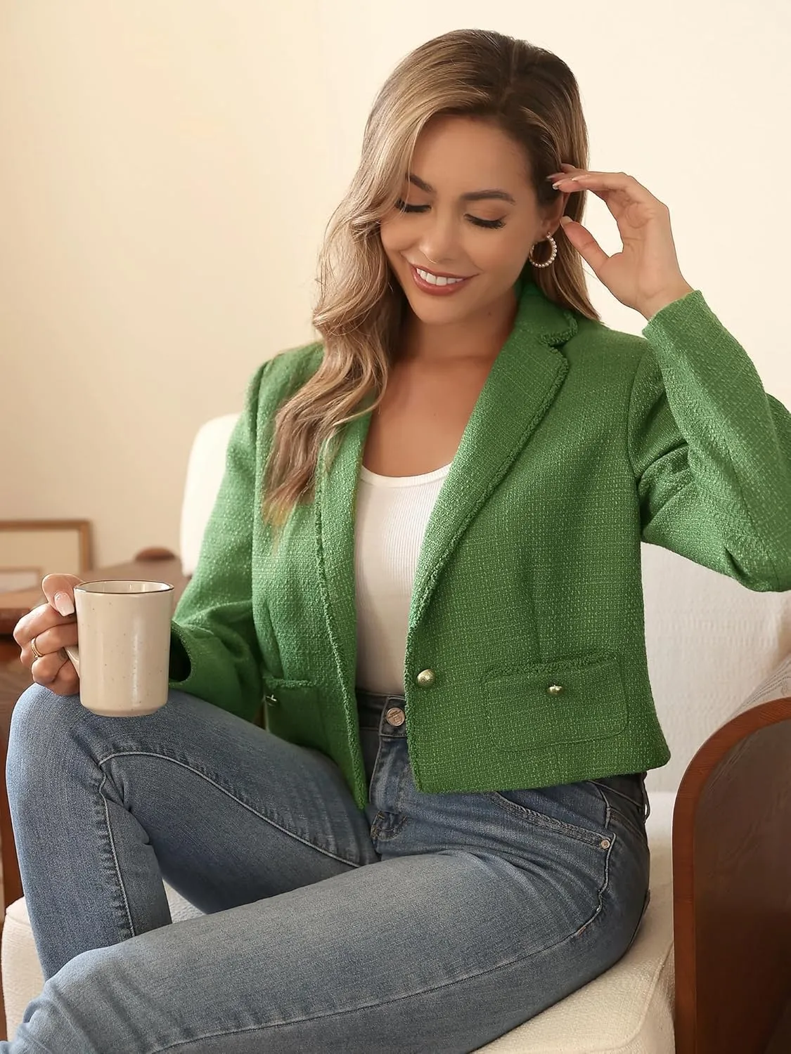 M.Infisavo Women's Crop Tweed Blazer 2025 Fashion Elegant Notch Lapel Open Front Cardigan Casual Office Jacket Pockets