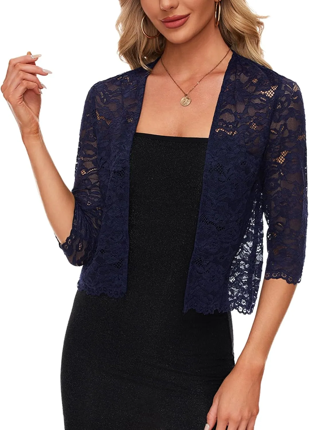 MINTLIMIT Women's Elegant 3/4 Sleeve Floral Lace Bolero Shrug Cropped Open Front Cardigan Shrug Tops