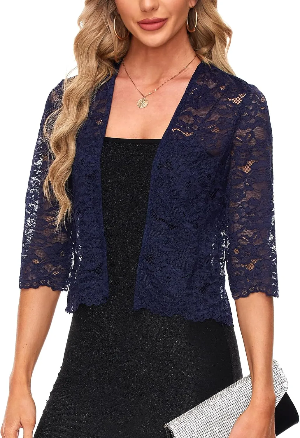 MINTLIMIT Women's Elegant 3/4 Sleeve Floral Lace Bolero Shrug Cropped Open Front Cardigan Shrug Tops