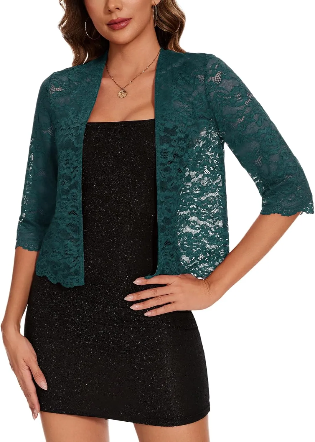 MINTLIMIT Women's Elegant 3/4 Sleeve Floral Lace Bolero Shrug Cropped Open Front Cardigan Shrug Tops