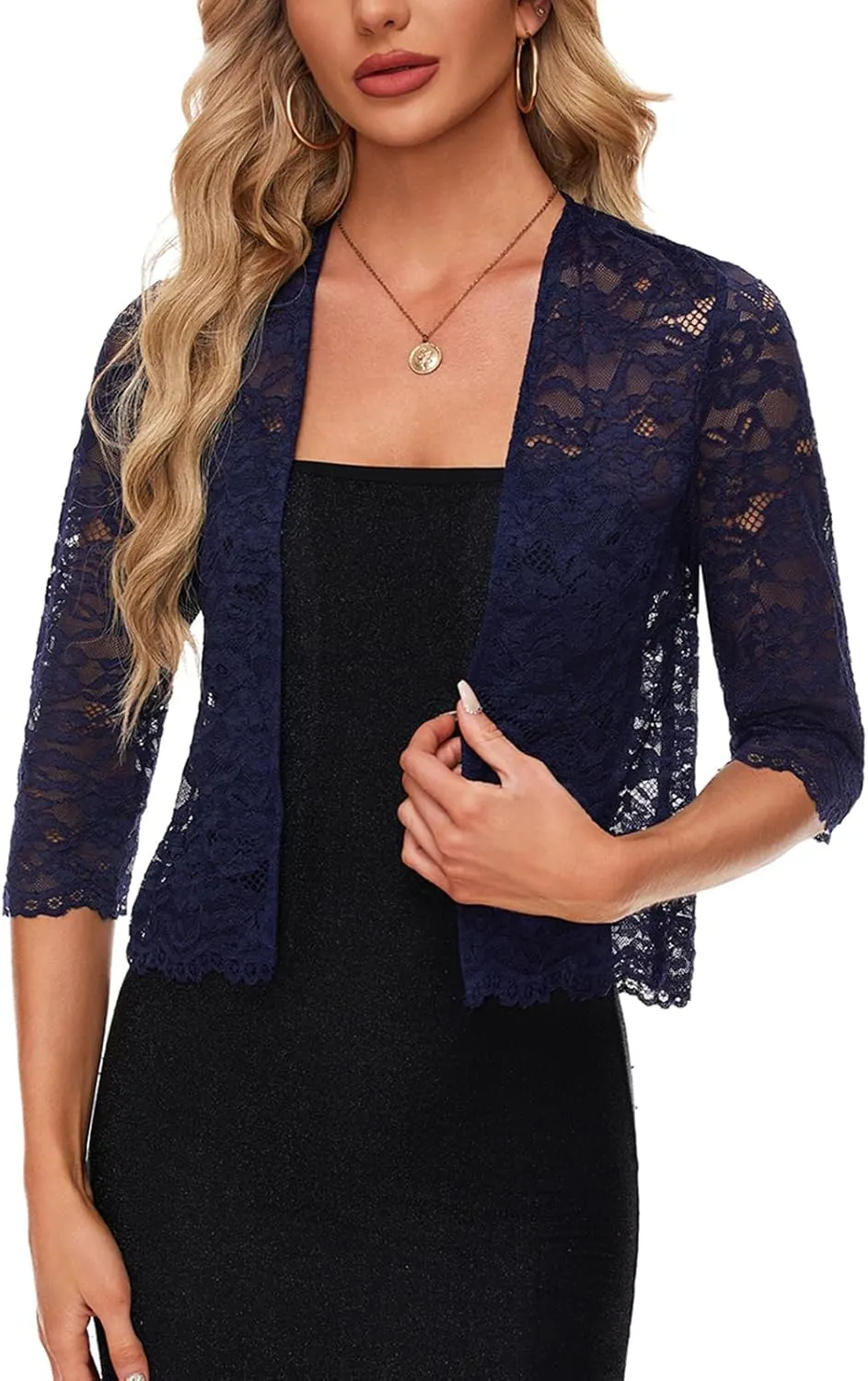 MINTLIMIT Women's Elegant 3/4 Sleeve Floral Lace Bolero Shrug Cropped Open Front Cardigan Shrug Tops
