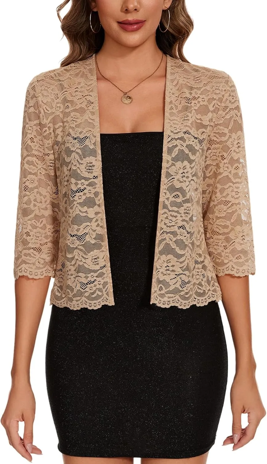 MINTLIMIT Women's Elegant 3/4 Sleeve Floral Lace Bolero Shrug Cropped Open Front Cardigan Shrug Tops