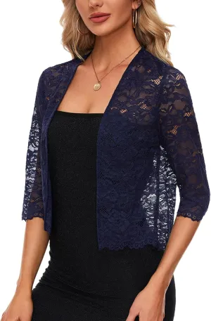 MINTLIMIT Women's Elegant 3/4 Sleeve Floral Lace Bolero Shrug Cropped Open Front Cardigan Shrug Tops