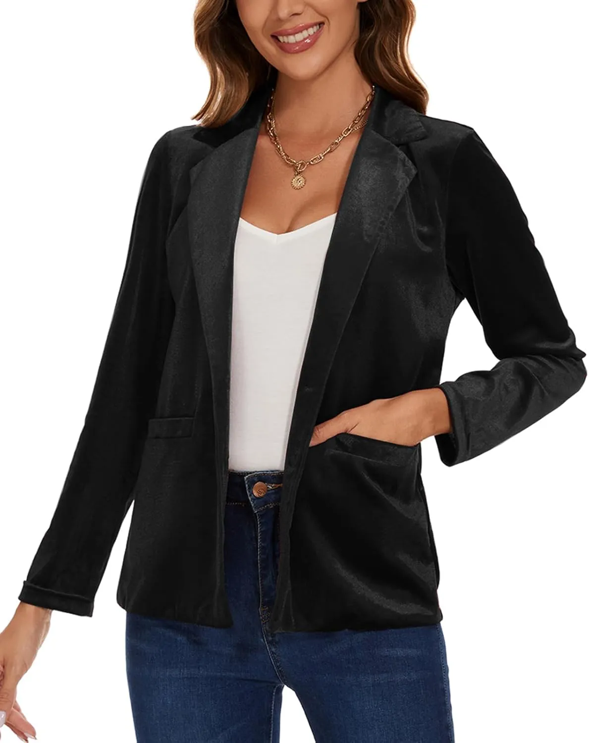 MINTLIMIT Women's Velvet Blazer Notched Lapel Two Button Blazers Jacket Coat with Pockets