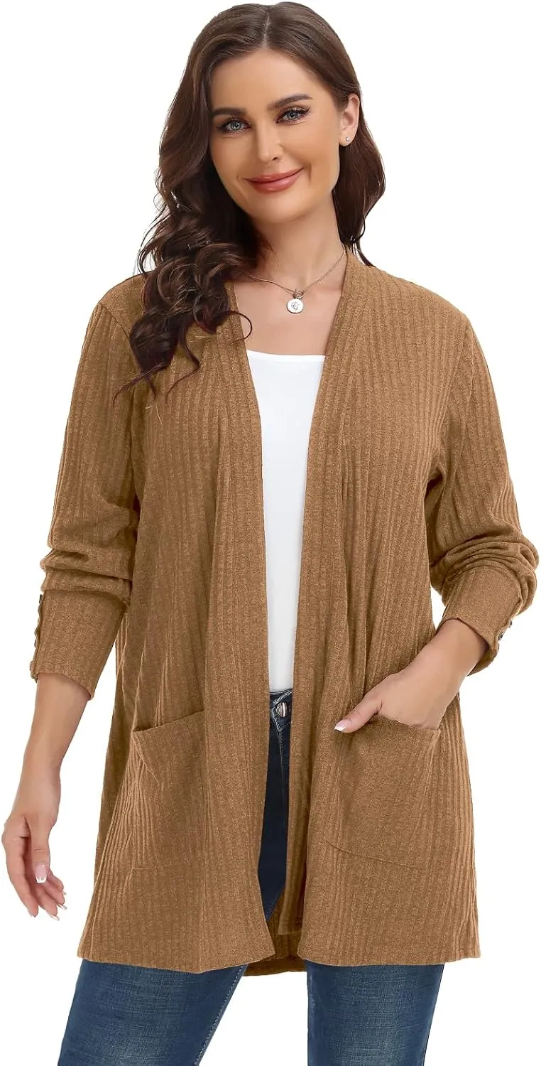 MONNURO Plus Size Open Front Cardigan Sweaters for Women Lightweight Long Sleeve Fall Coat with Pockets