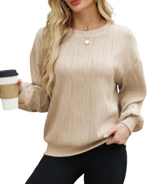 NANYUAYA Womens Oversized Sweatshirts Hoodies Textured Crew Neck Knit Solid Loose Pullover Sweaters Long Sleeve Shirt 2024