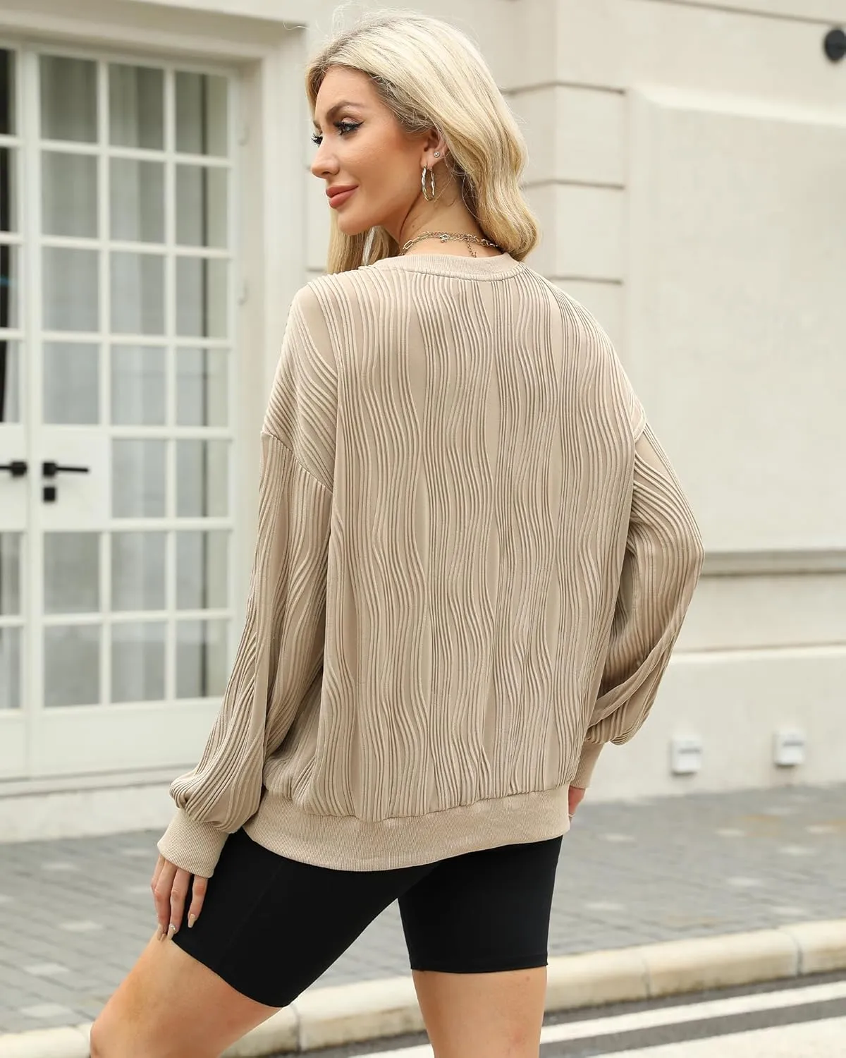 NANYUAYA Womens Oversized Sweatshirts Hoodies Textured Crew Neck Knit Solid Loose Pullover Sweaters Long Sleeve Shirt 2024