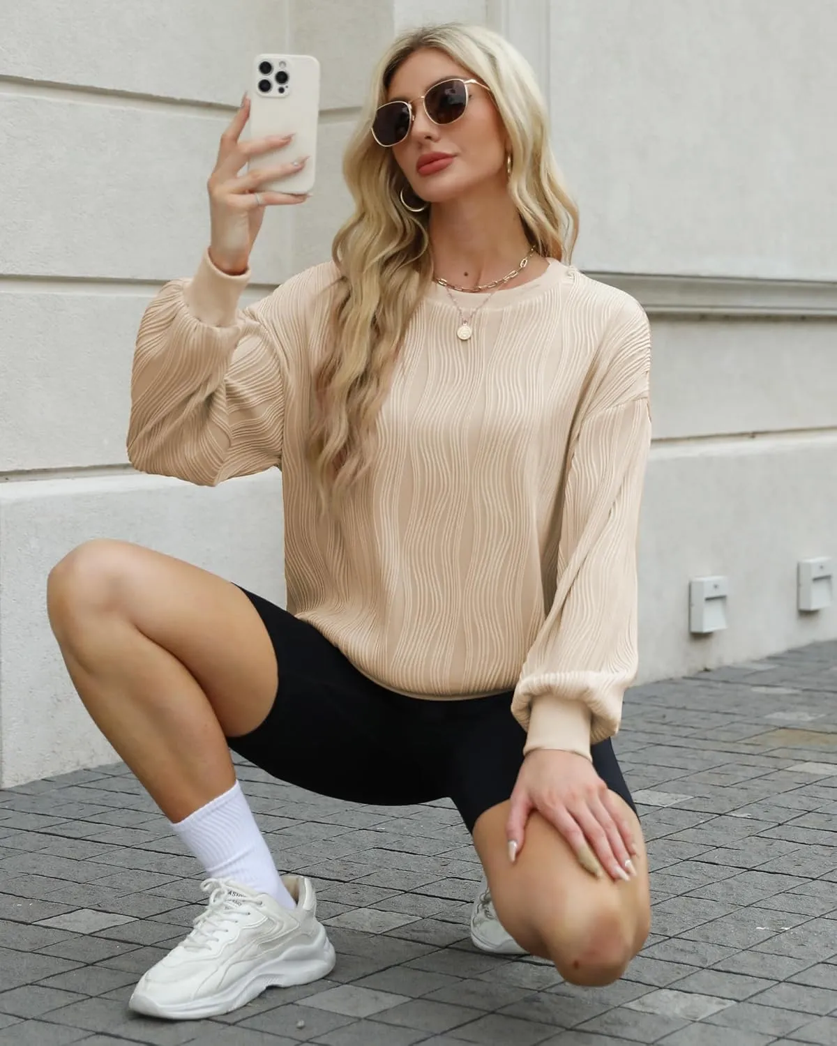 NANYUAYA Womens Oversized Sweatshirts Hoodies Textured Crew Neck Knit Solid Loose Pullover Sweaters Long Sleeve Shirt 2024