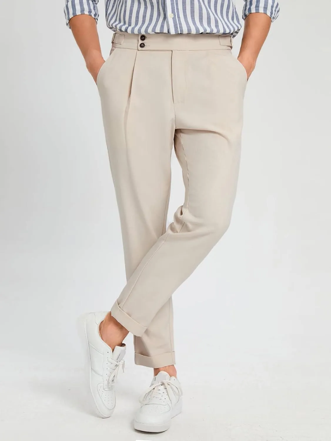OYOANGLE Men's Zipper Fly Button Front Pleated Work Office Business Tapered Suit Pants with Pockets