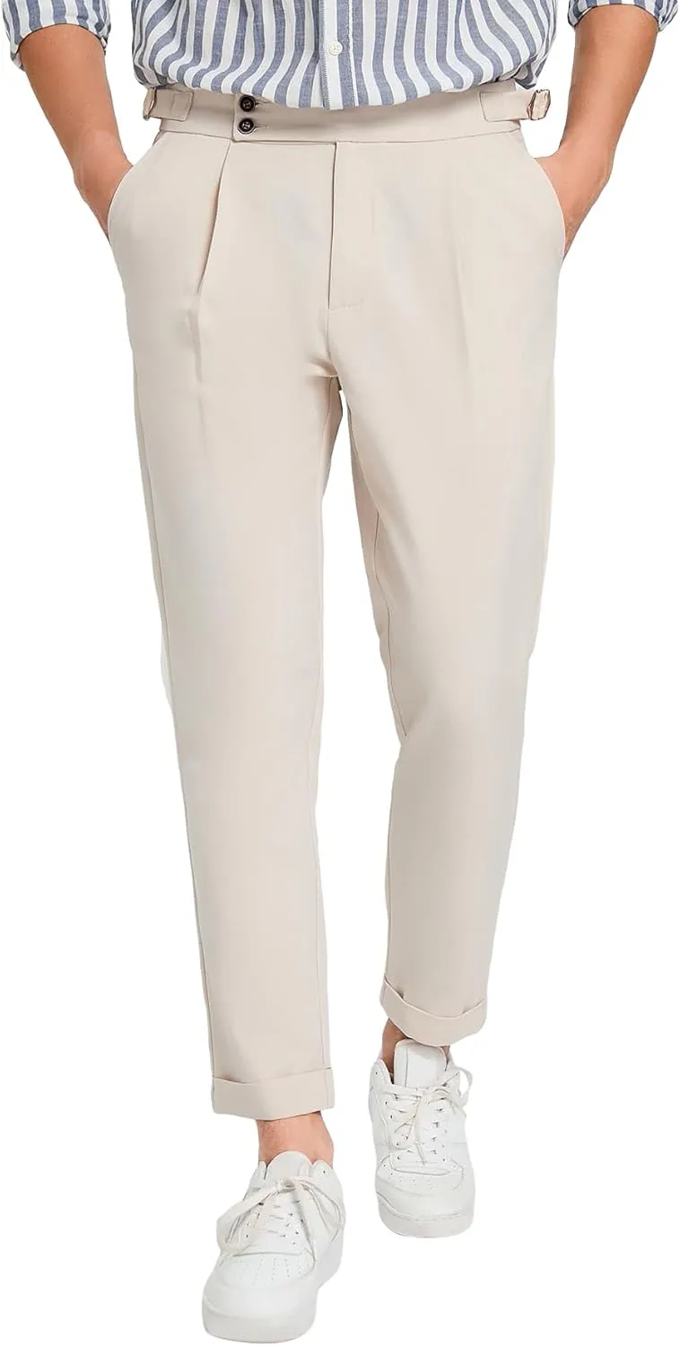 OYOANGLE Men's Zipper Fly Button Front Pleated Work Office Business Tapered Suit Pants with Pockets