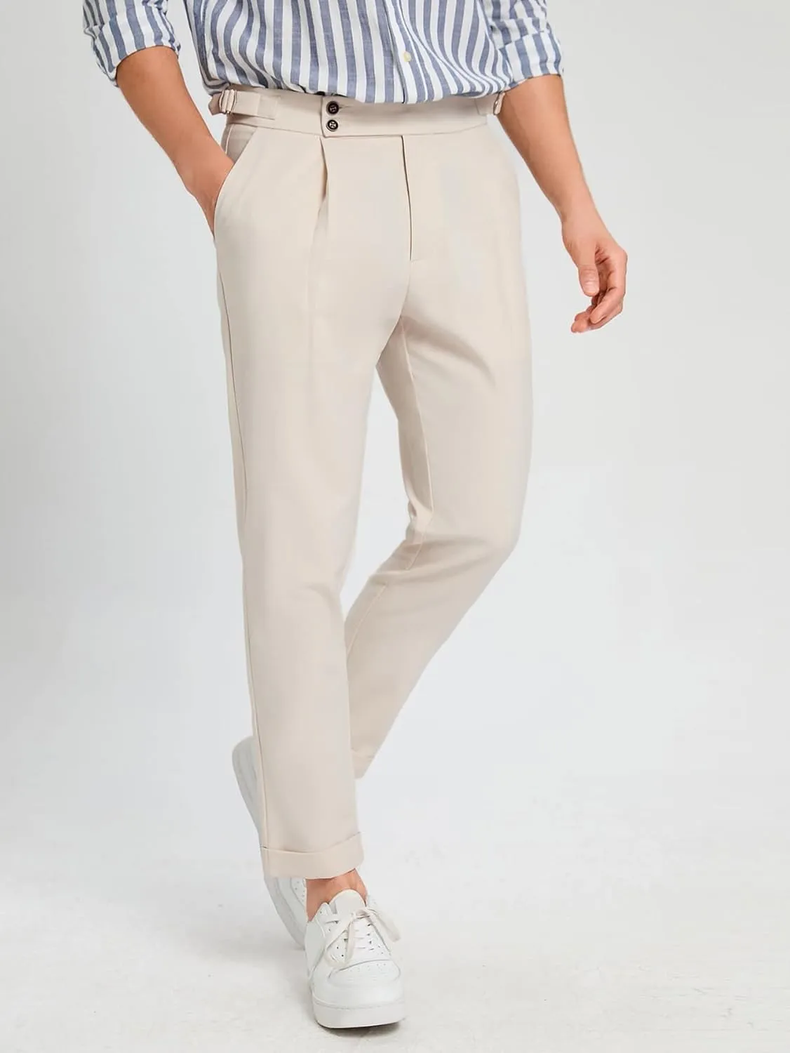 OYOANGLE Men's Zipper Fly Button Front Pleated Work Office Business Tapered Suit Pants with Pockets