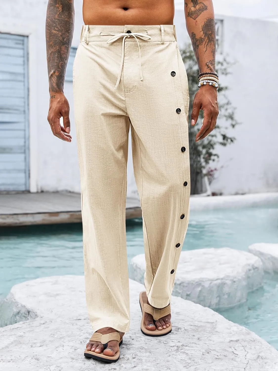 PASLTER Mens Cotton Linen Pants Casual Drawstring Elastic Waist Loose Fit Lightweight Summer Beach Yoga Trousers