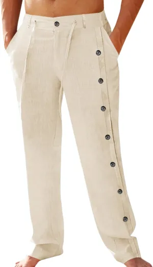 PASLTER Mens Cotton Linen Pants Casual Drawstring Elastic Waist Loose Fit Lightweight Summer Beach Yoga Trousers