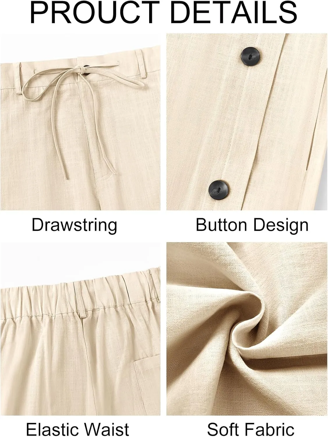 PASLTER Mens Cotton Linen Pants Casual Drawstring Elastic Waist Loose Fit Lightweight Summer Beach Yoga Trousers
