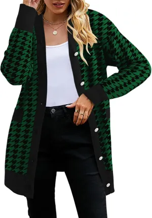 Pink Queen 2024 Fall Long Cardigan for Women Long Sleeve Open Front Button V Neck Houndstooth Cardigans Sweaters Dress