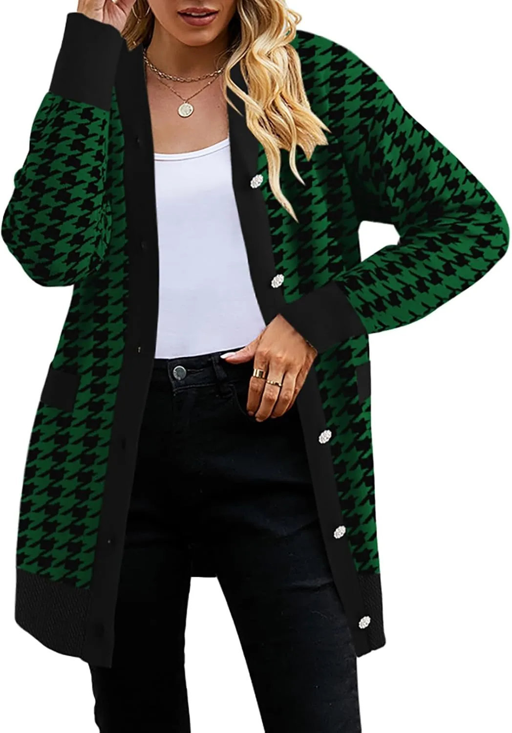 Pink Queen 2024 Fall Long Cardigan for Women Long Sleeve Open Front Button V Neck Houndstooth Cardigans Sweaters Dress