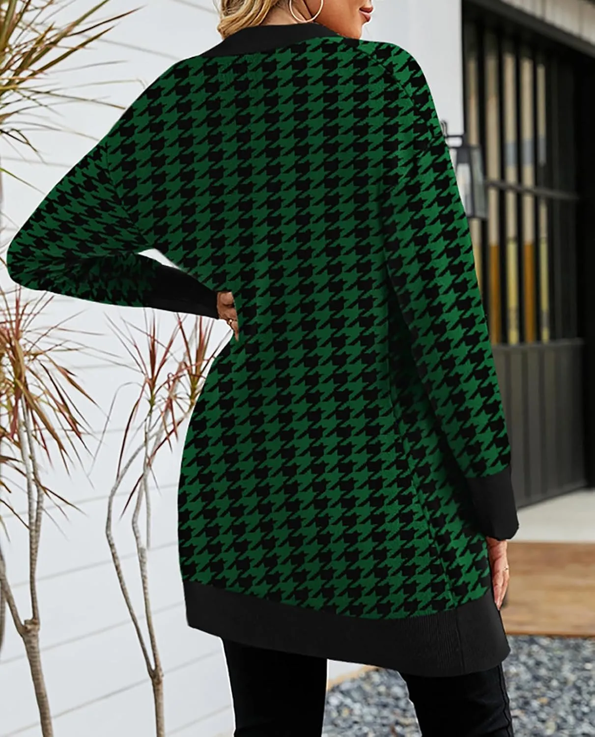 Pink Queen 2024 Fall Long Cardigan for Women Long Sleeve Open Front Button V Neck Houndstooth Cardigans Sweaters Dress