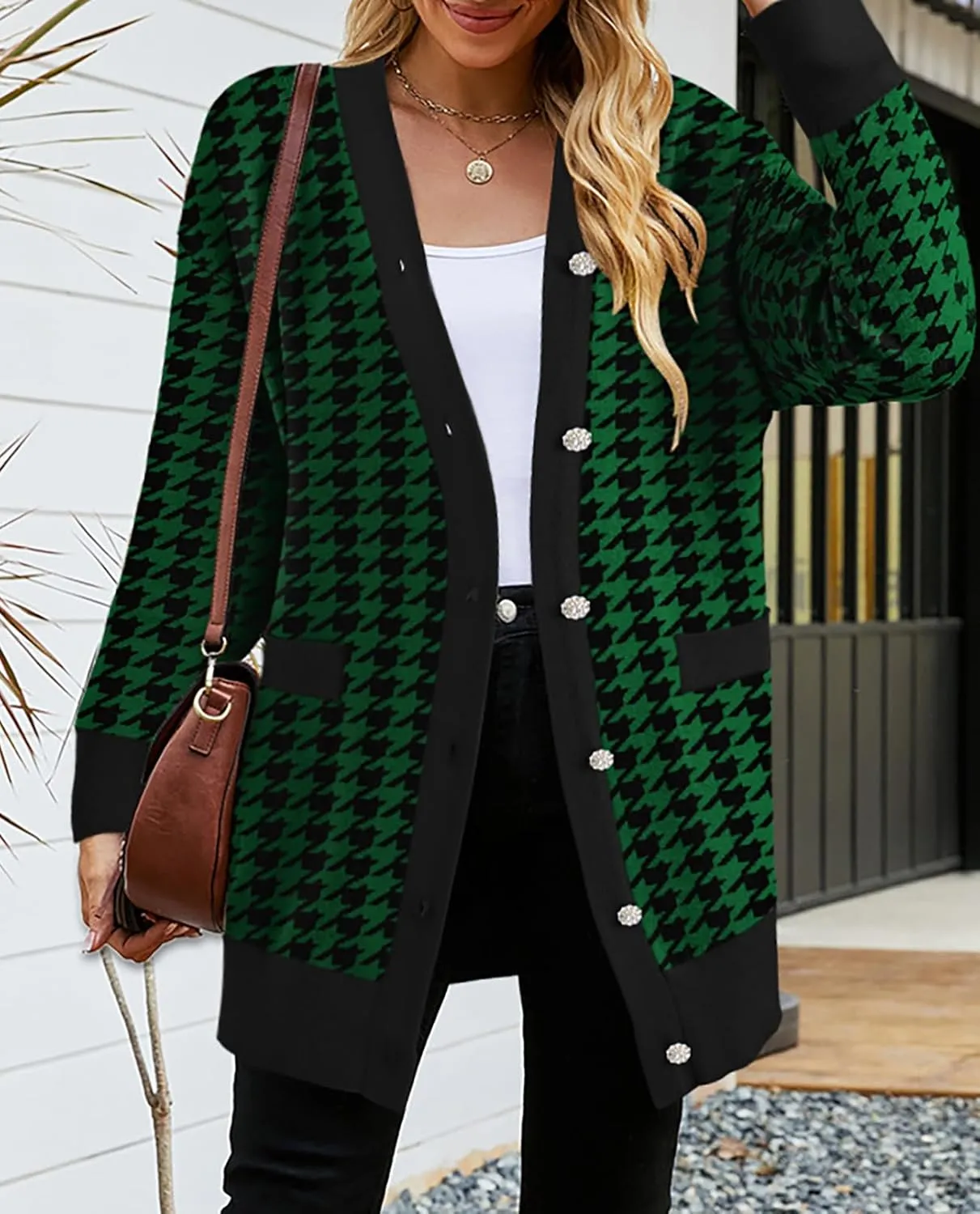 Pink Queen 2024 Fall Long Cardigan for Women Long Sleeve Open Front Button V Neck Houndstooth Cardigans Sweaters Dress