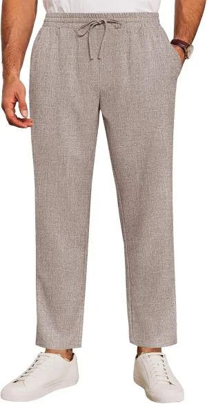 Runcati Mens Casual Pants Drawstring Elastic Waist Lightweight Cropped Linen Pants Summer Yoga Beach Trousers