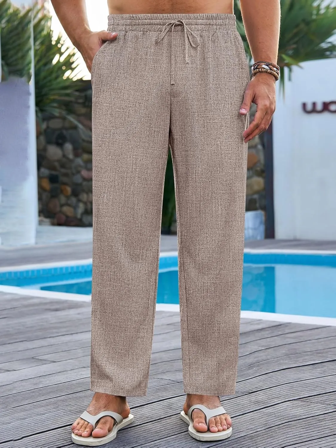 Runcati Mens Casual Pants Drawstring Elastic Waist Lightweight Cropped Linen Pants Summer Yoga Beach Trousers