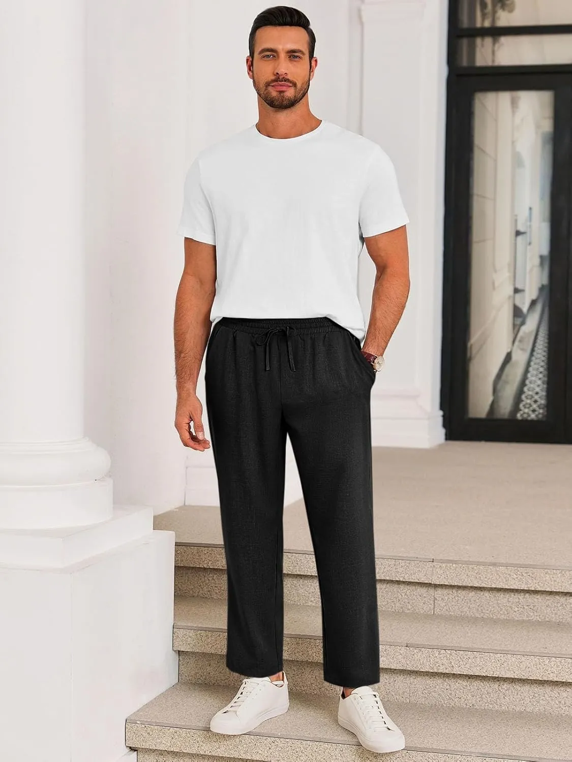 Runcati Mens Casual Pants Drawstring Elastic Waist Lightweight Cropped Linen Pants Summer Yoga Beach Trousers