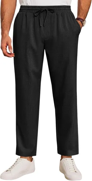 Runcati Mens Casual Pants Drawstring Elastic Waist Lightweight Cropped Linen Pants Summer Yoga Beach Trousers